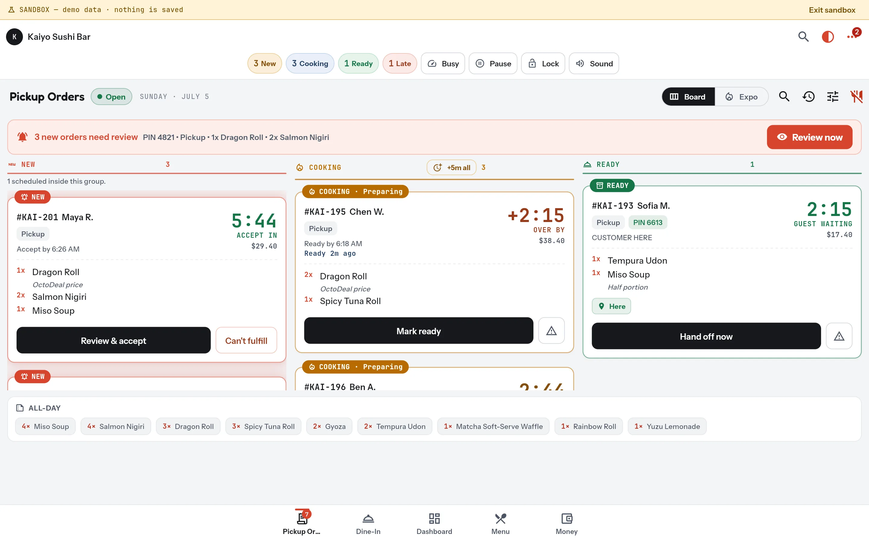 OctoFood Command Station sandbox showing sample pickup orders